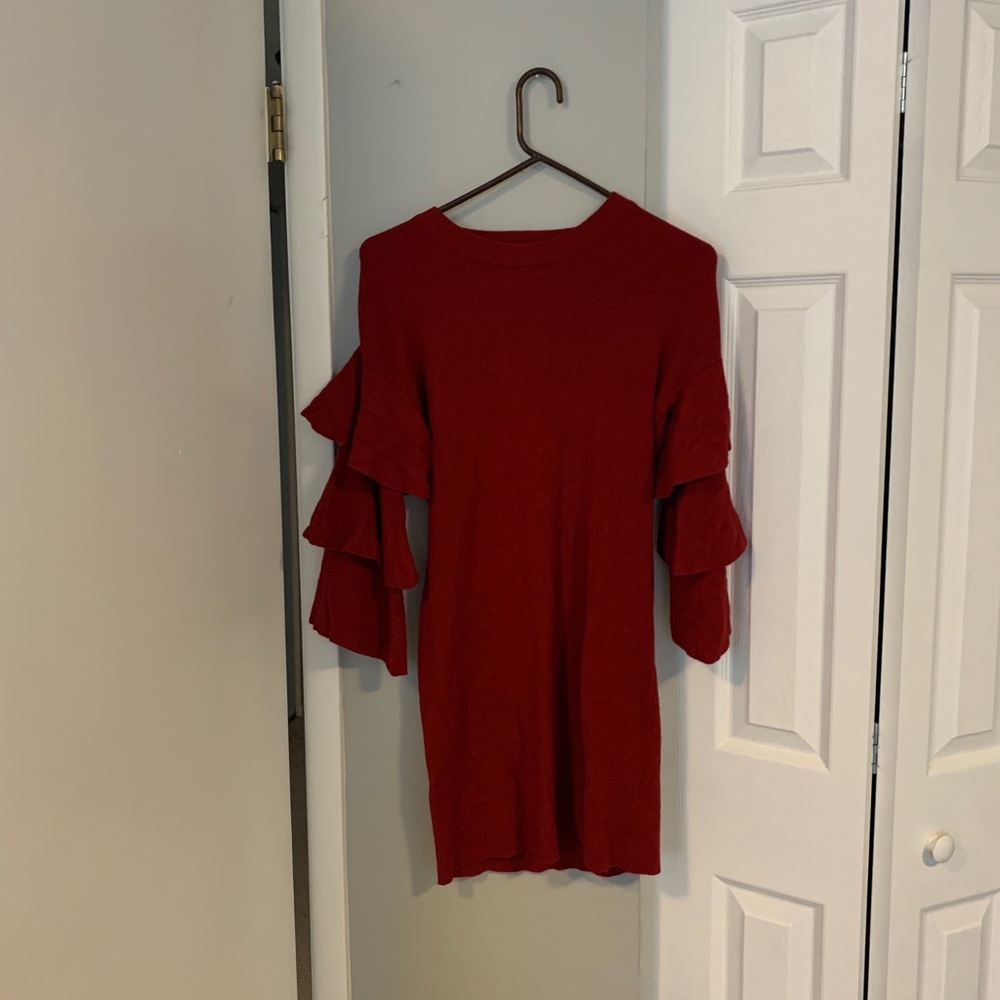 Red sweater mini dress with ruffle sleeves